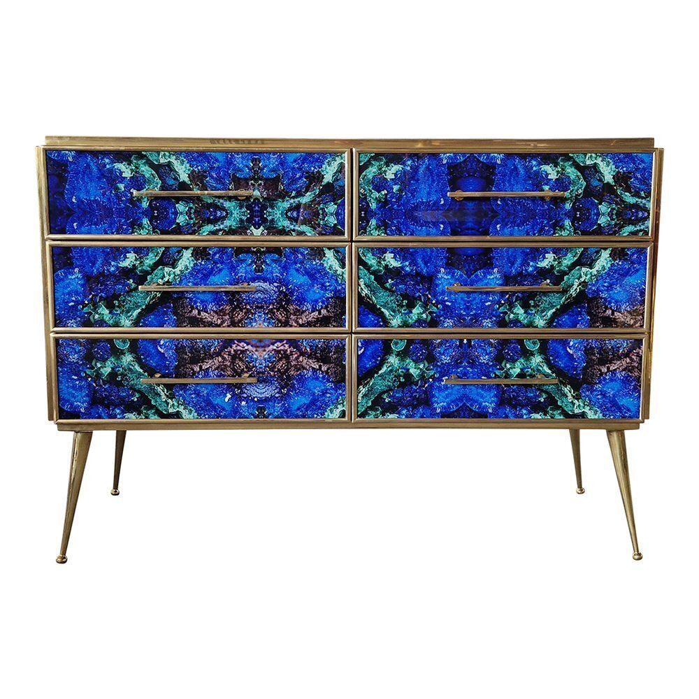 Wooden Dresser In Lapis Lazuli Glass With Six Drawers, 1980s photo for sale