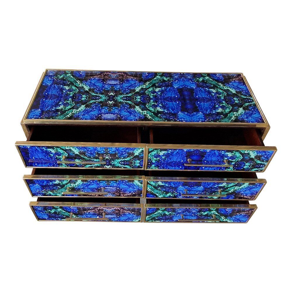 Wooden Dresser In Lapis Lazuli Glass With Six Drawers, 1980s photo Furniture