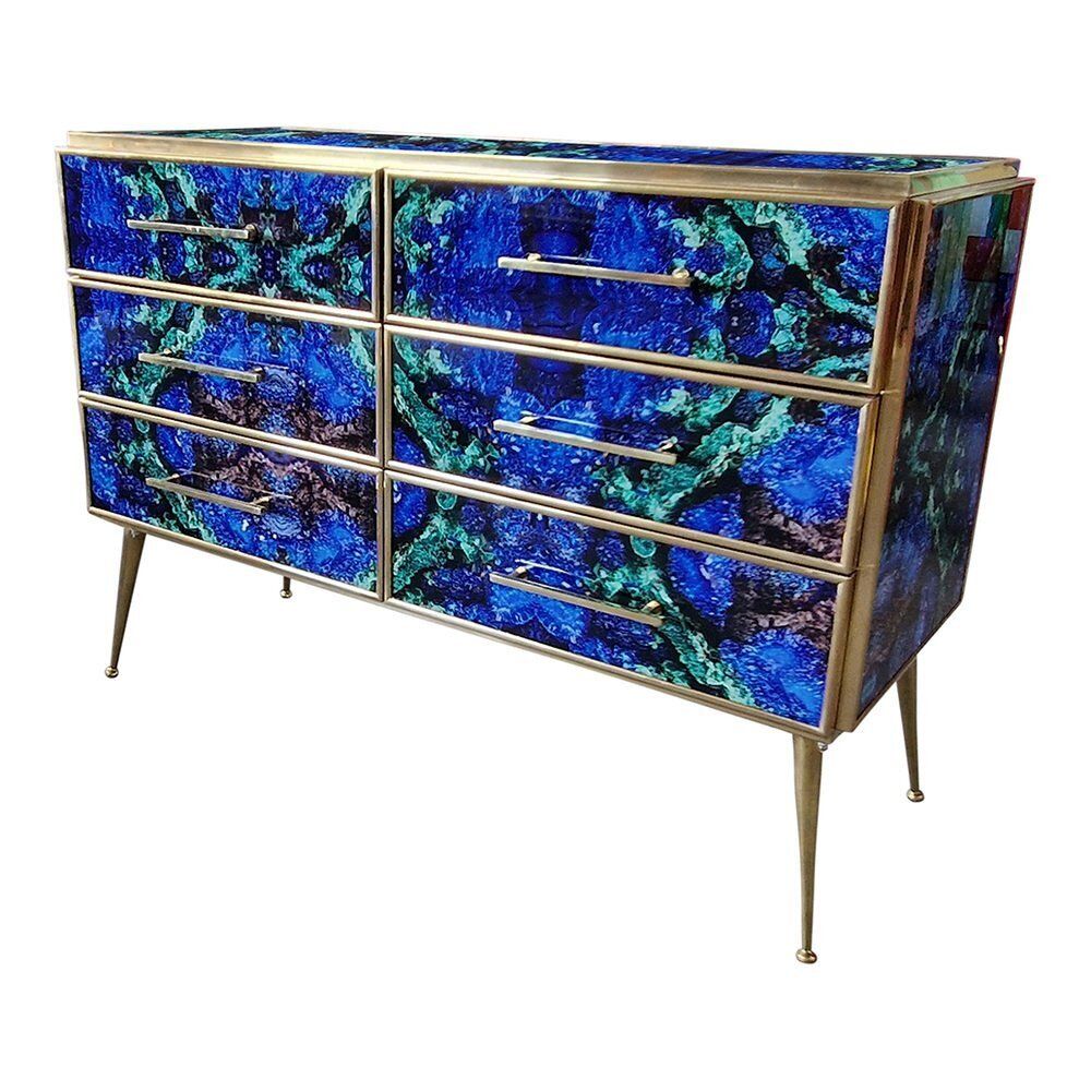 Wooden Dresser In Lapis Lazuli Glass With Six Drawers, 1980s photo vinterior