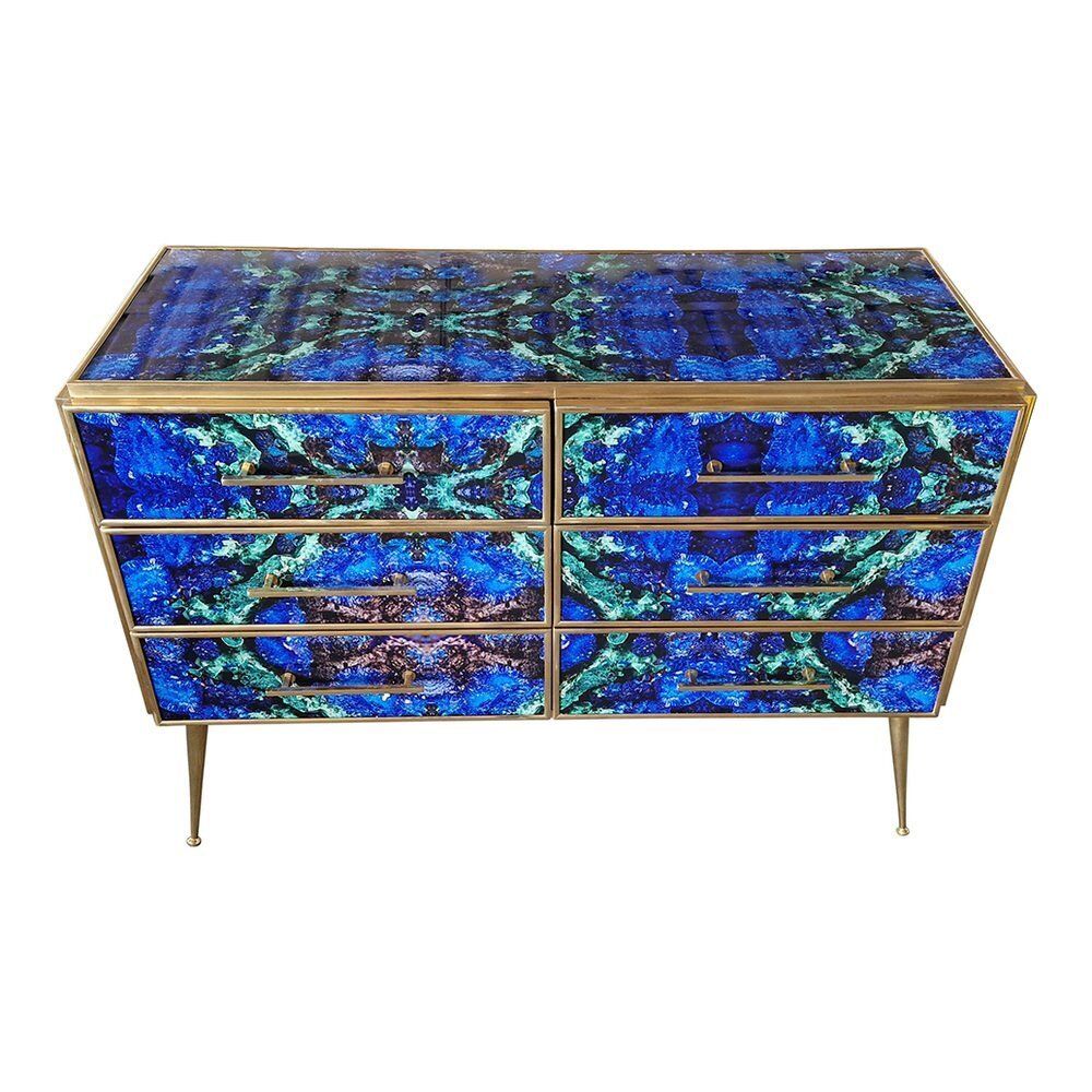photo furniture Wooden Dresser In Lapis Lazuli Glass With Six Drawers, 1980s