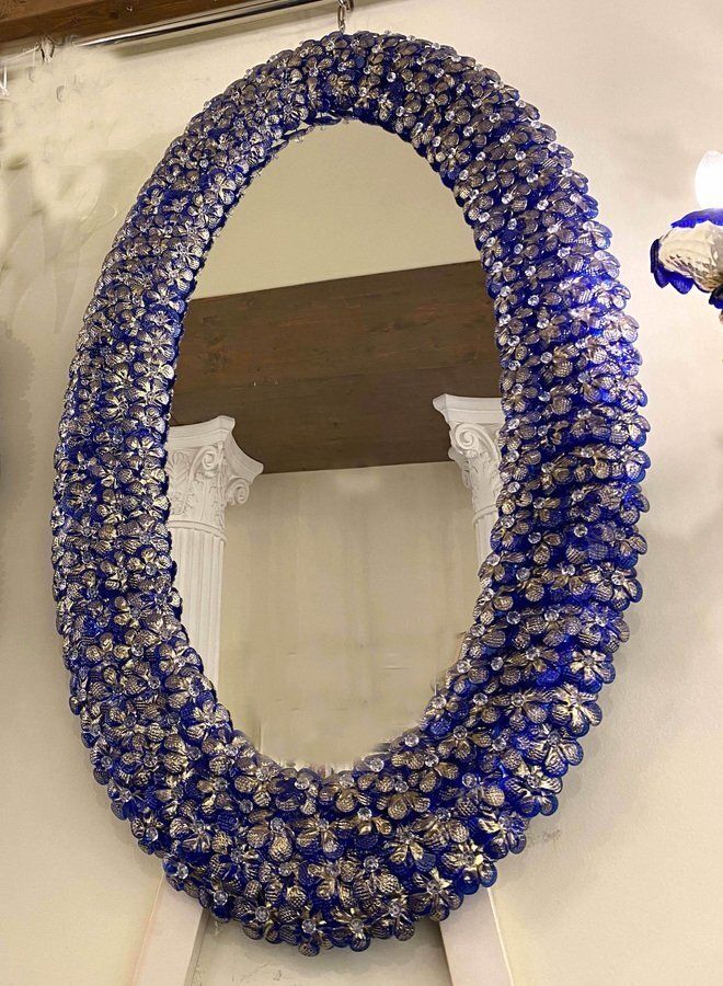 Blue Murano Glass Flower Oval Shaped Mirrors, Set Of 2 photo for sale