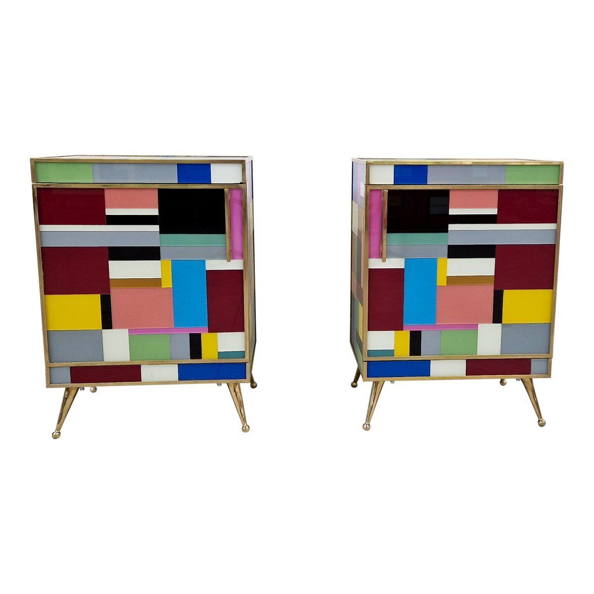 Bedside Cabinets In Wood And Multicolored Glass, 1980s, Set Of 2