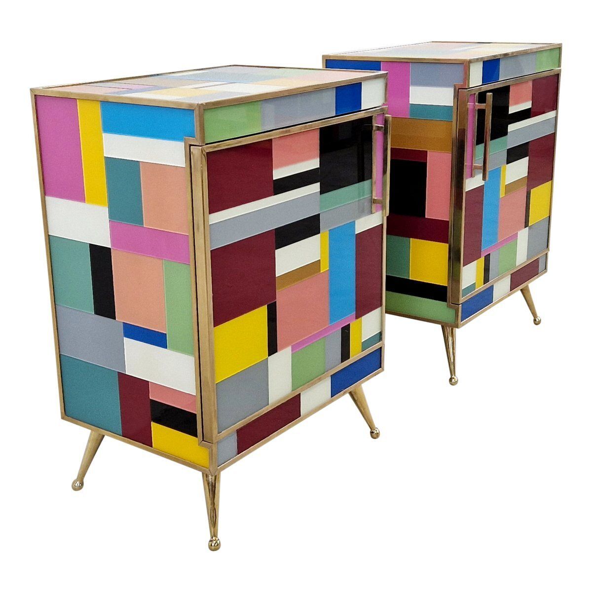 Bedside Cabinets In Wood And Multicolored Glass, 1980s, Set Of 2 photo vinterior