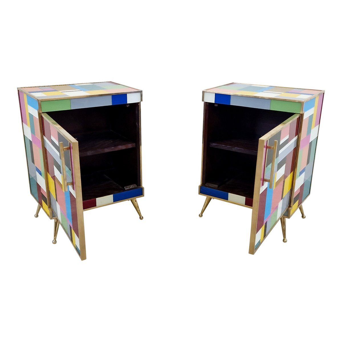Bedside Cabinets In Wood And Multicolored Glass, 1980s, Set Of 2 photo vintage