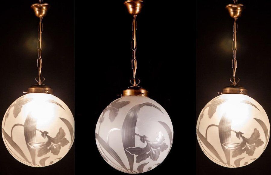 Liberty Engraved Glass Sphere Chandelier Or Lantern, Italy, 1940 photo furniture