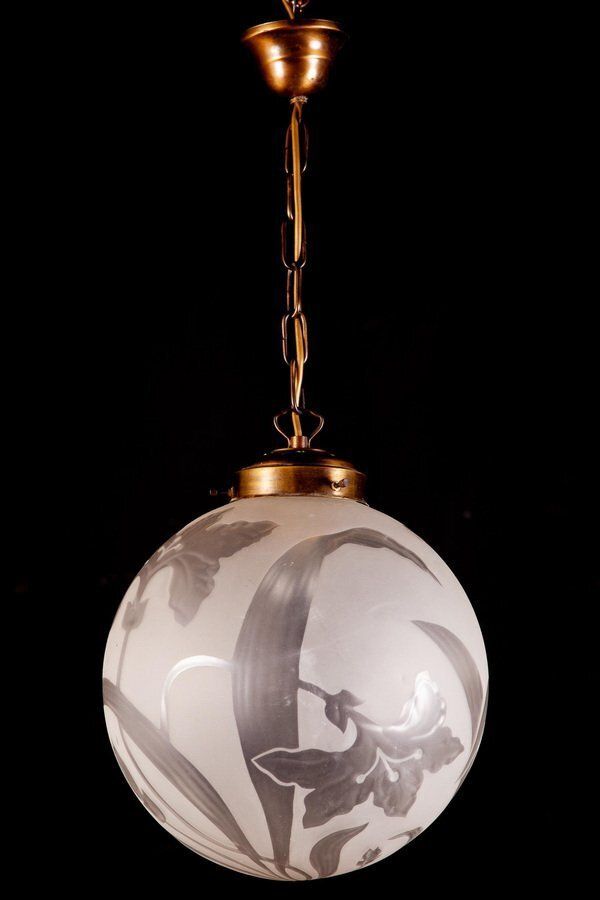Lighting Liberty Engraved Glass Sphere Chandelier Or Lantern, Italy, 1940 photo