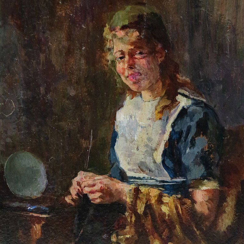 Lionello Balestrieri, Girl That Sews, 1920s, Oil On Panel, Framed photo Art
