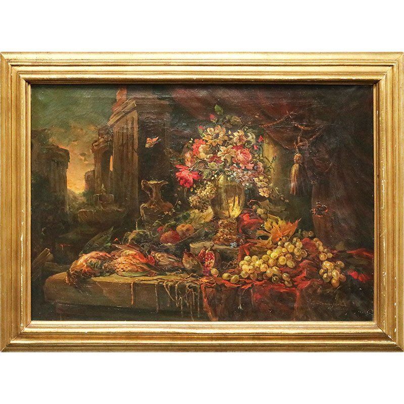 G. Zampogna, Dead Nature Of Flowers And Fruit, 1952, Oil On Canvas, Framed photo furniture