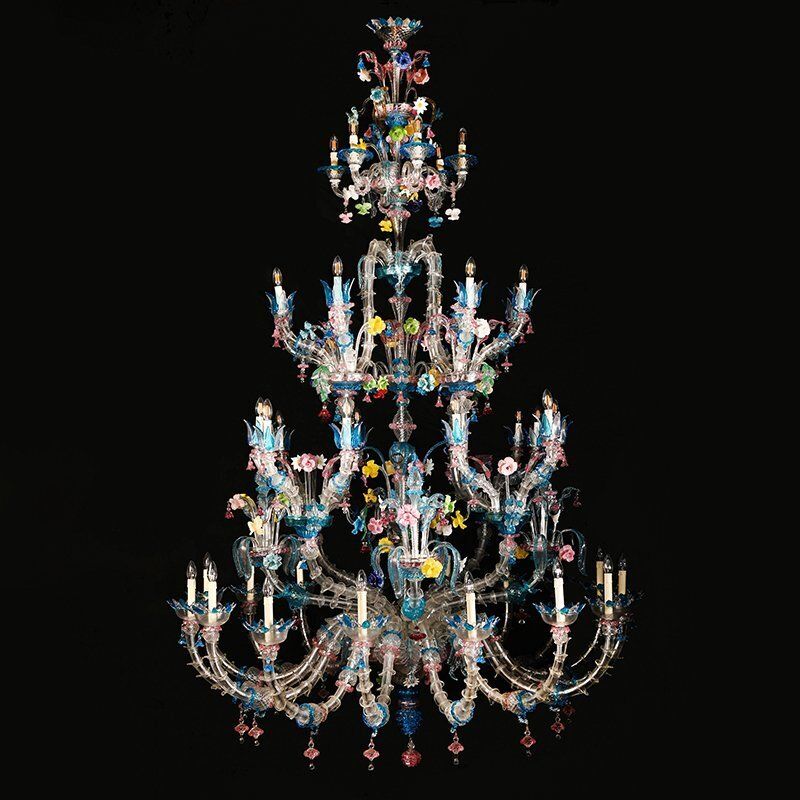 Murano Glass Chandelier With Multicolored Crystal In The Style Of Rezzonico, 1930s