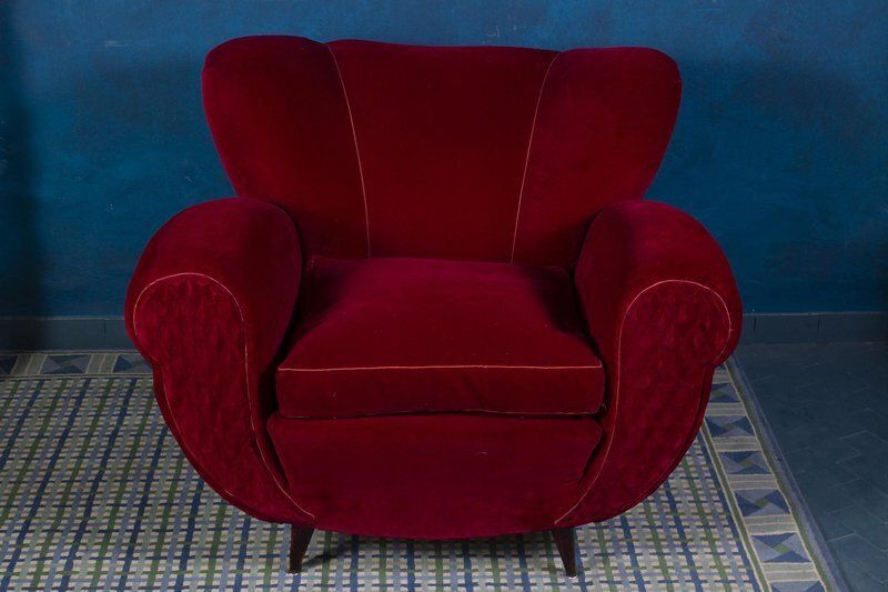 Set Of Mid Century Red Velvet Lounge Chairs, 1940s photo vinterior