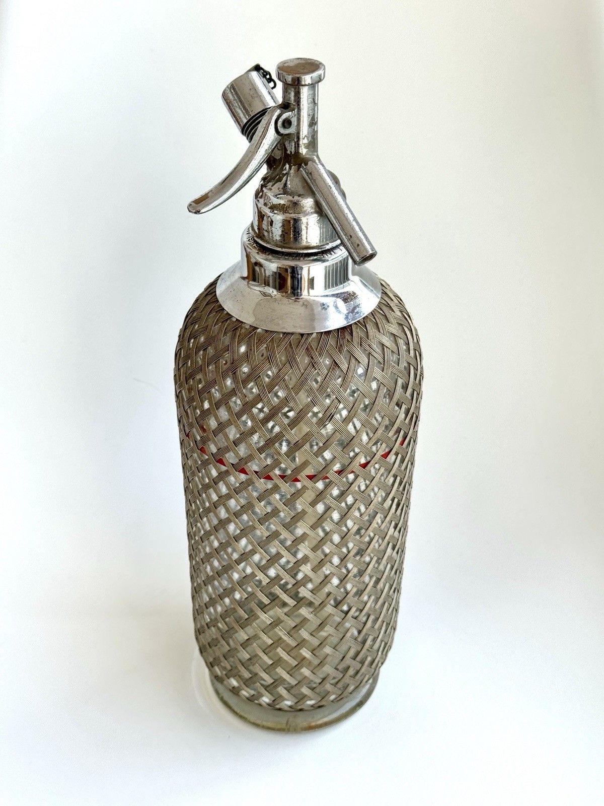 75.0 Antique Braided Metal Mesh Soda Siphon, Glass Bottle Made In Czechoslovakia photo
