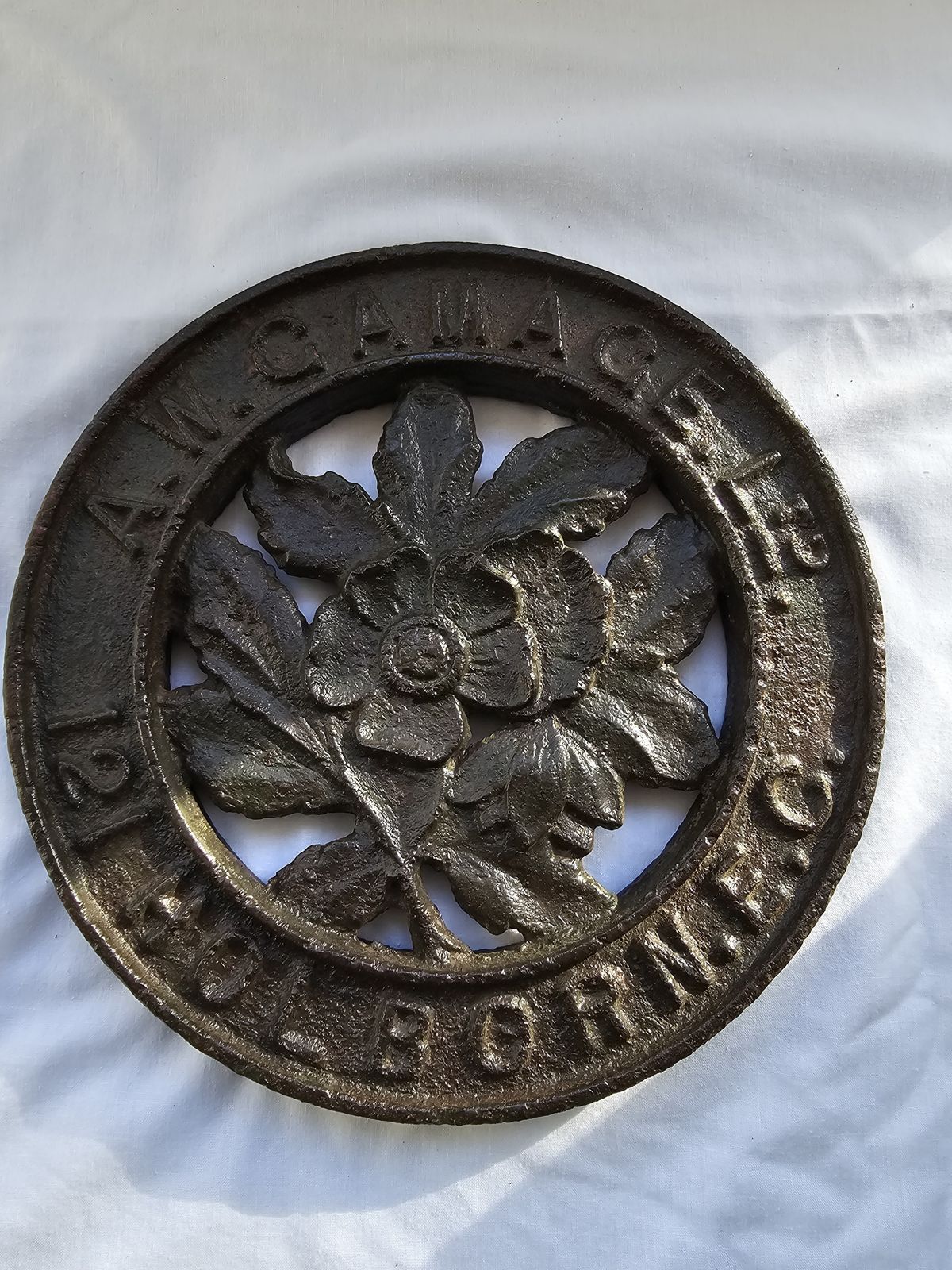 'A. W. Gamage Ltd. 121 Holborn E.C.' Large Cast Iron Roundel Plaque. Double Sided Ideal Paperweight photo furniture