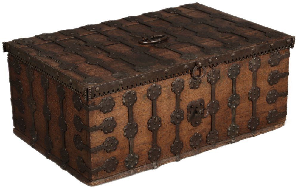 Small Antique Gothic Chest With Iron Bands, 1500