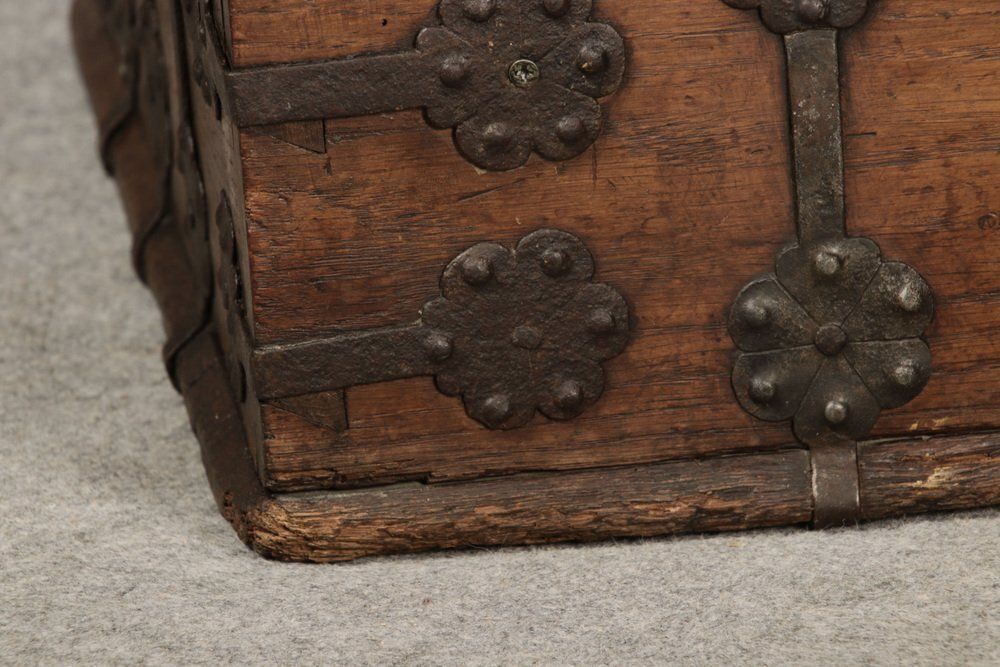 Small Antique Gothic Chest With Iron Bands, 1500 photo vintage