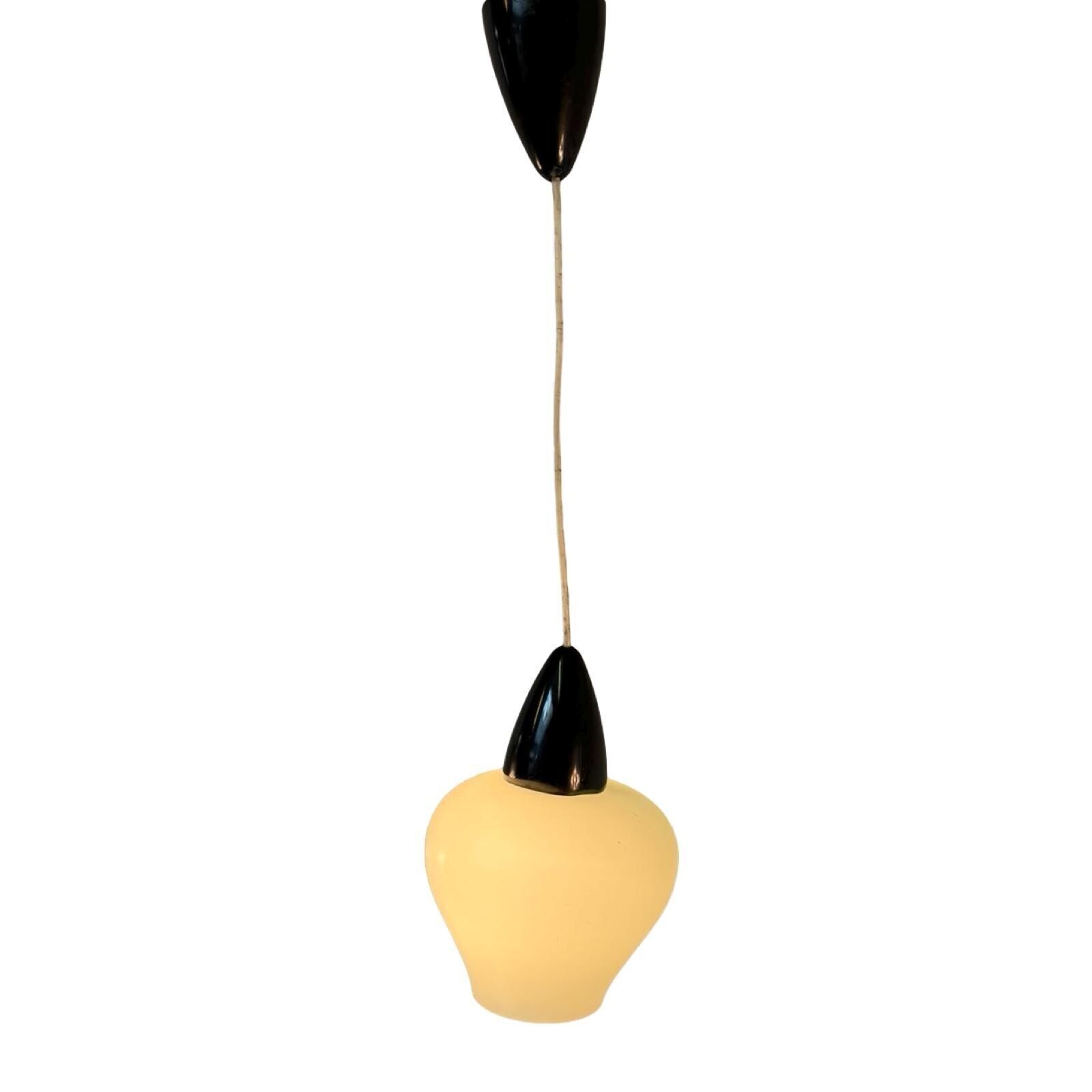 Vintage 50’s Mcm Hanging Pendant Frosted / Semi Translucent White Glass And Red Top Attr. Louis Kalff / Phillips photo furniture