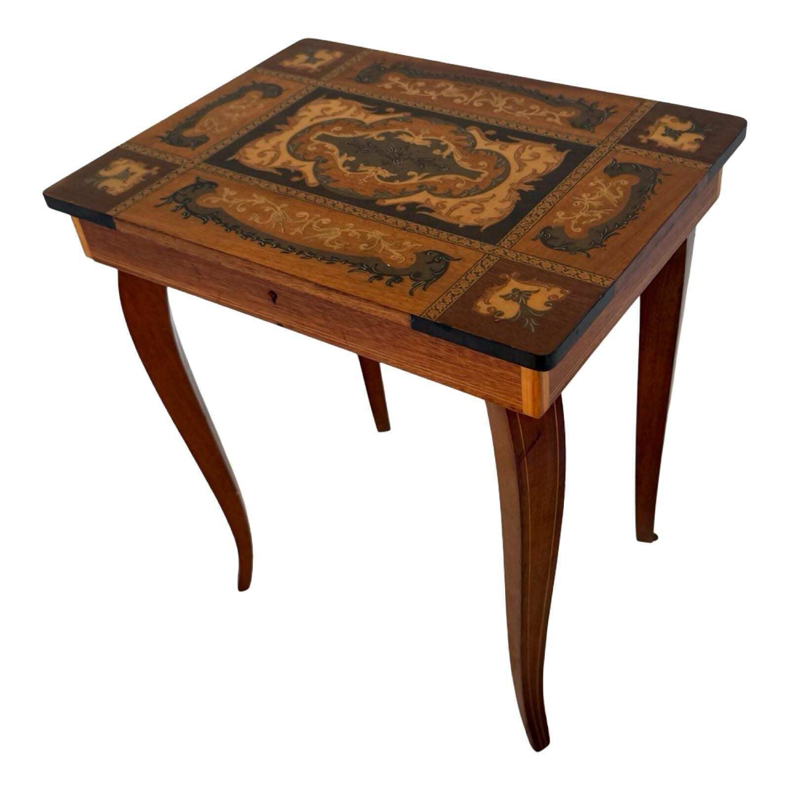 Intarsia Italian Made Sewing Box / Side Table With Swiss ( Reuge ) Music Box photo Furniture