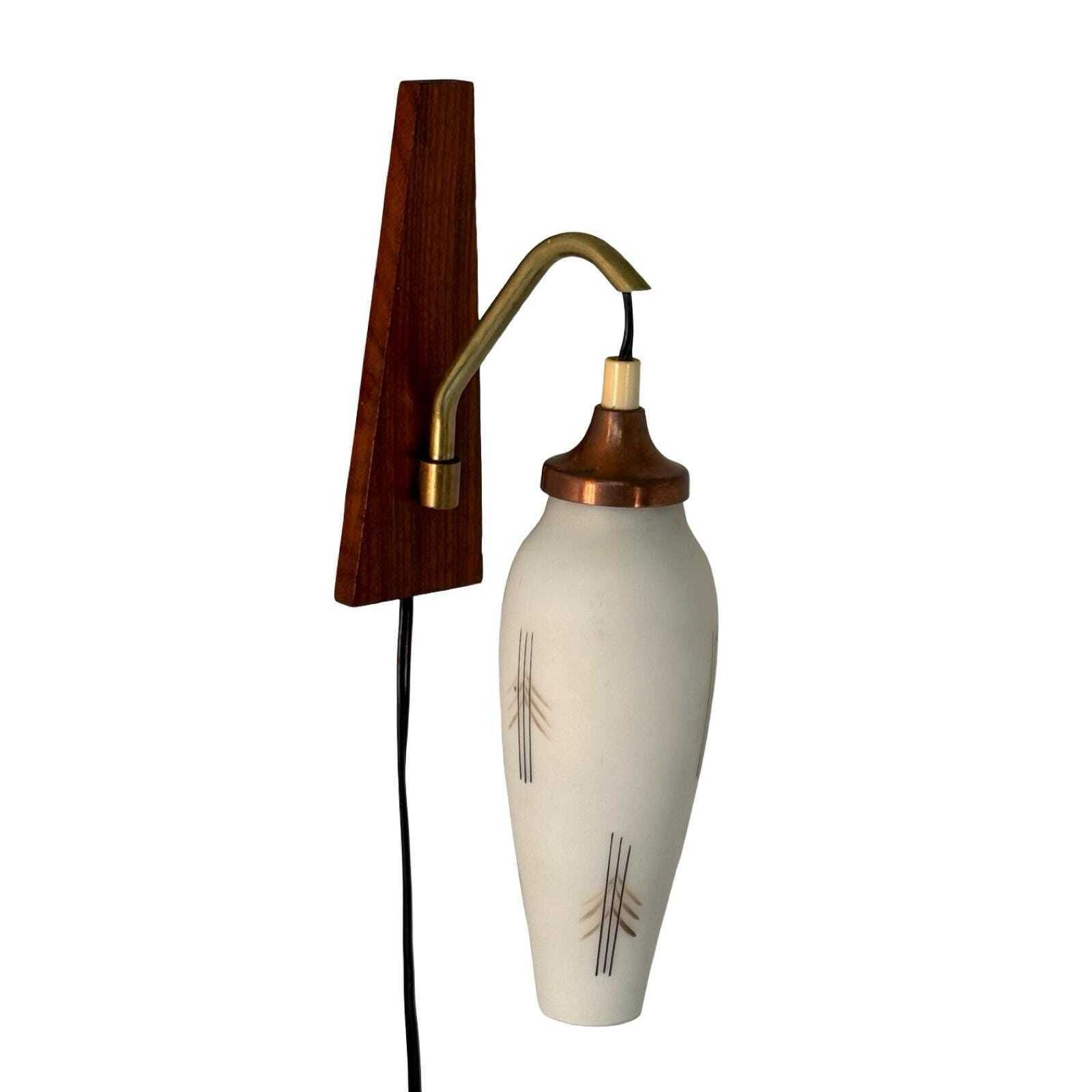 Vintage 50’s Mcm Wall Mounted Lamp Wooden Frame And Brass Detailing Pressed Glass Shade photo for sale