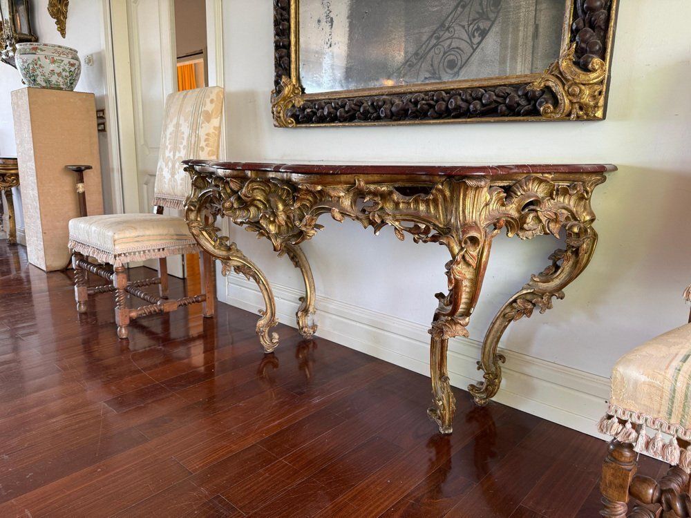 Large Mid 18th Century French Giltwood Rococo Console Table With Marble Top, 1740s photo buy