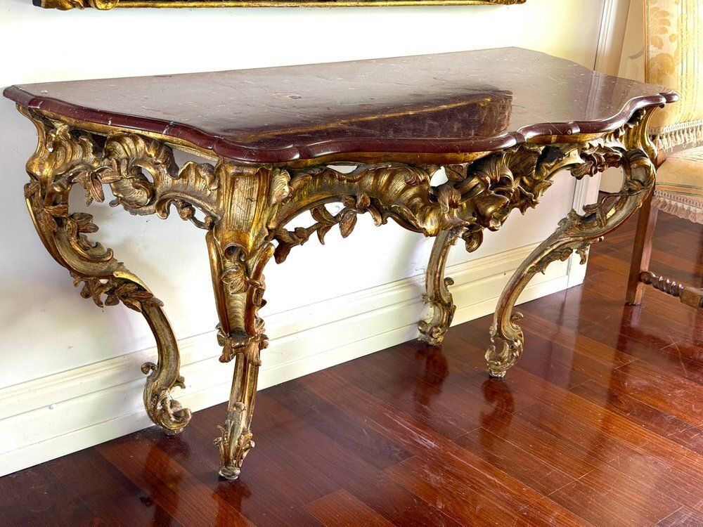 20028.0 Large Mid 18th Century French Giltwood Rococo Console Table With Marble Top, 1740s photo