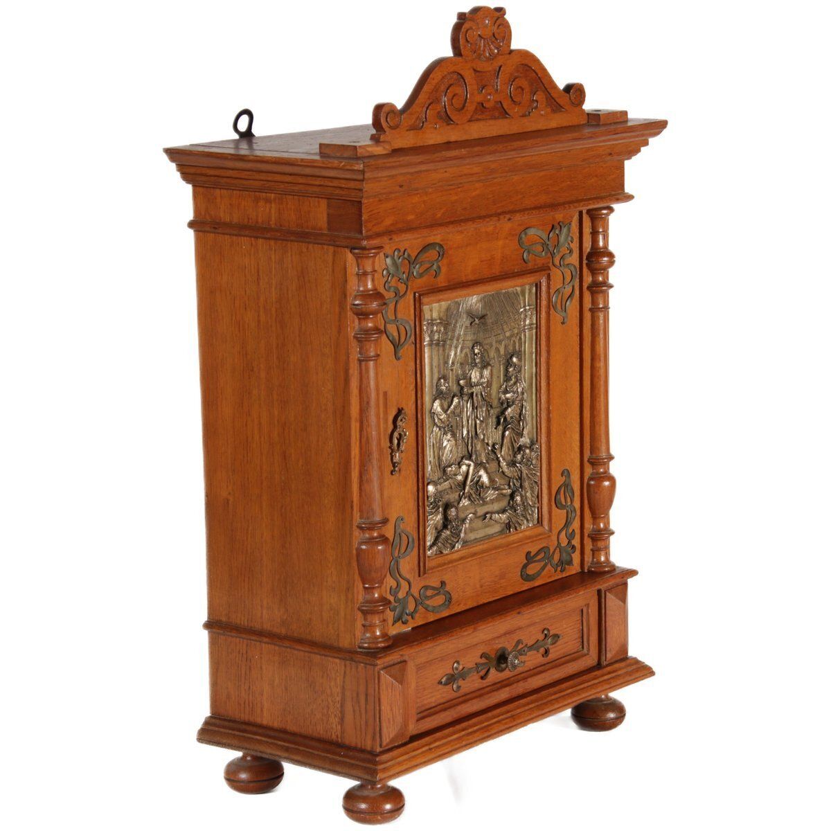 Antique Art Nouveau Hanging Cabinet Wall Cabinet Oak Brass Relief, 1900 photo furniture