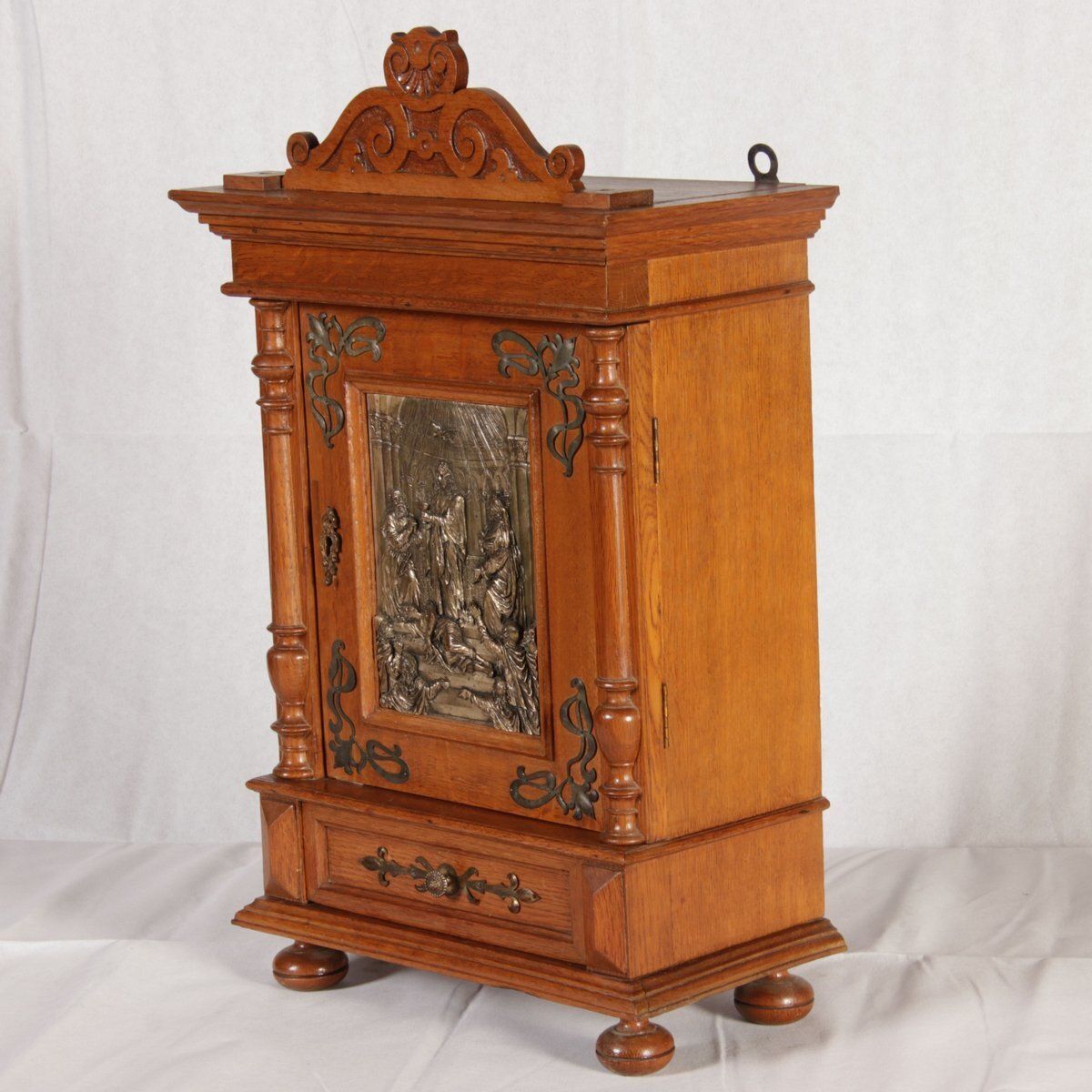 Antique Art Nouveau Hanging Cabinet Wall Cabinet Oak Brass Relief, 1900 photo buy