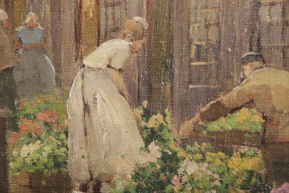 R. Hornemann, Flower Market On The Canal In Amsterdam, 1900s, Oil On Canvas photo for sale