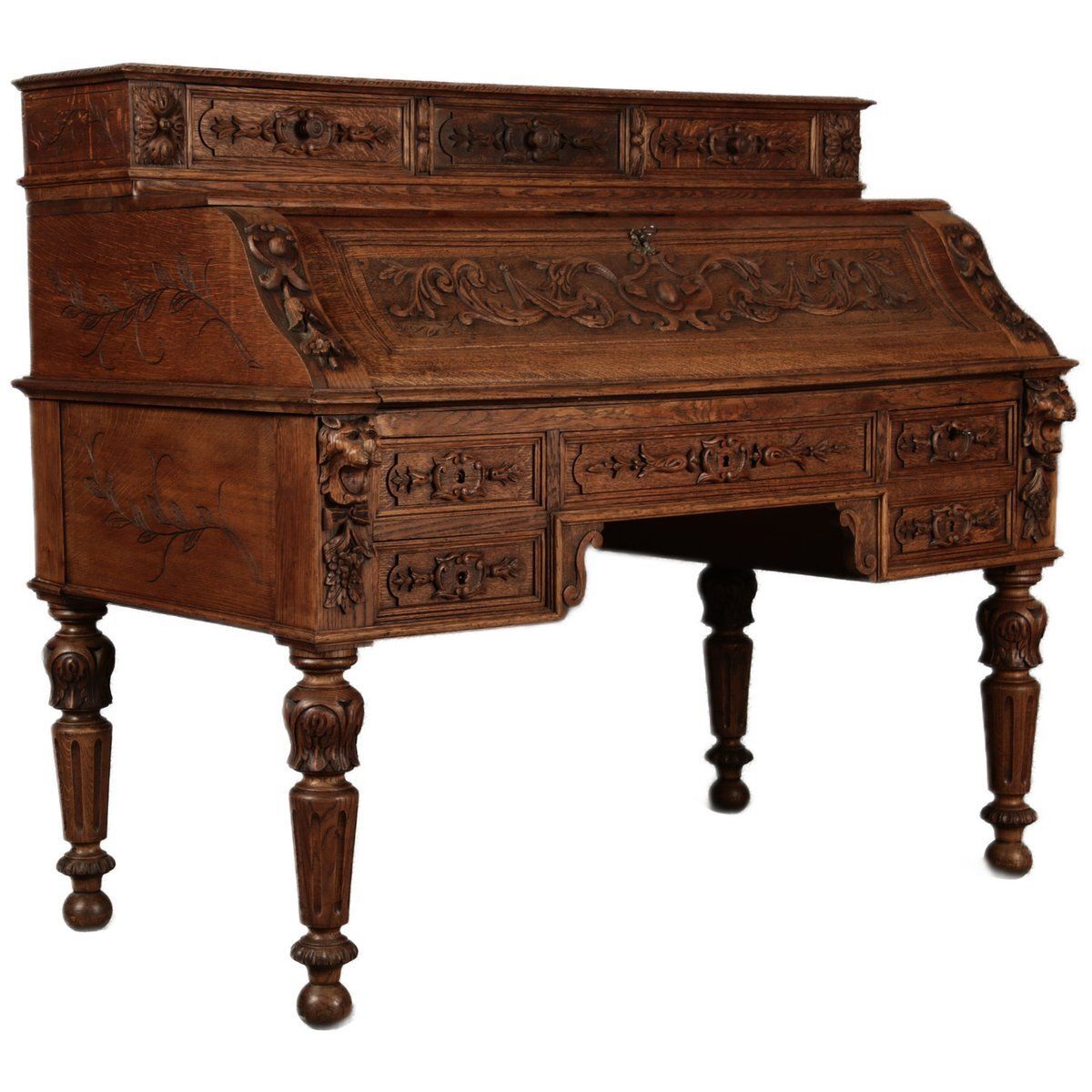 Antique Secretary Desk With Carved Oak, 1881 photo furniture