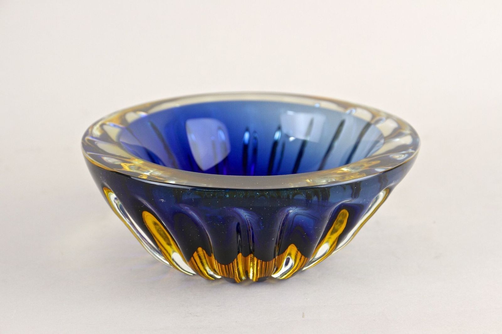 Mid Century Murano Glass Bowl, Dark Blue/ Amber, Italy Ca. 1960 photo for sale