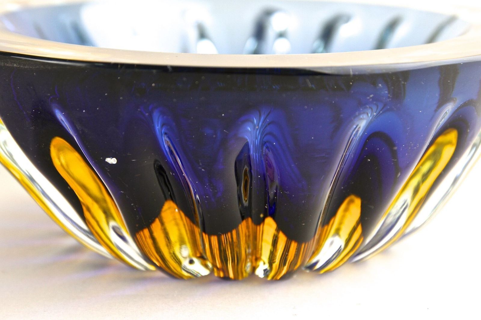 Home Decor Mid Century Murano Glass Bowl, Dark Blue/ Amber, Italy Ca. 1960 photo