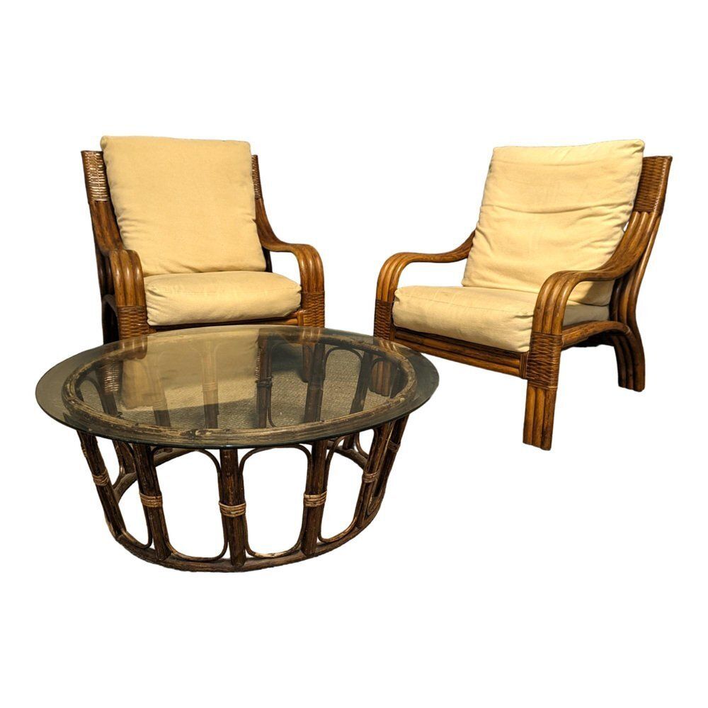 Rattan Lounge Chairs With Table, Set Of 3