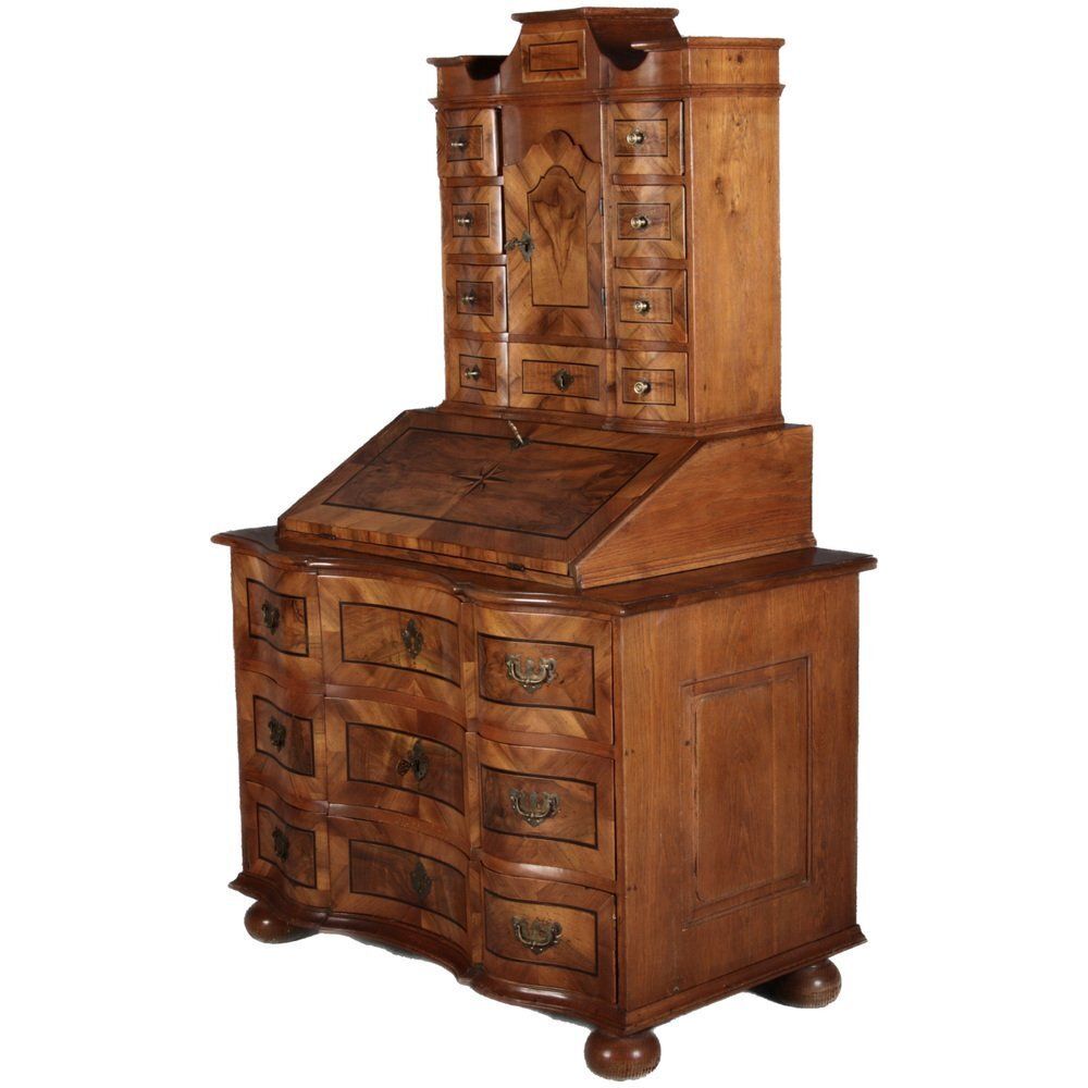 Antique 18th Century Baroque Tabernacle Secretary In Oak With Walnut Veneer, 1730s photo for sale