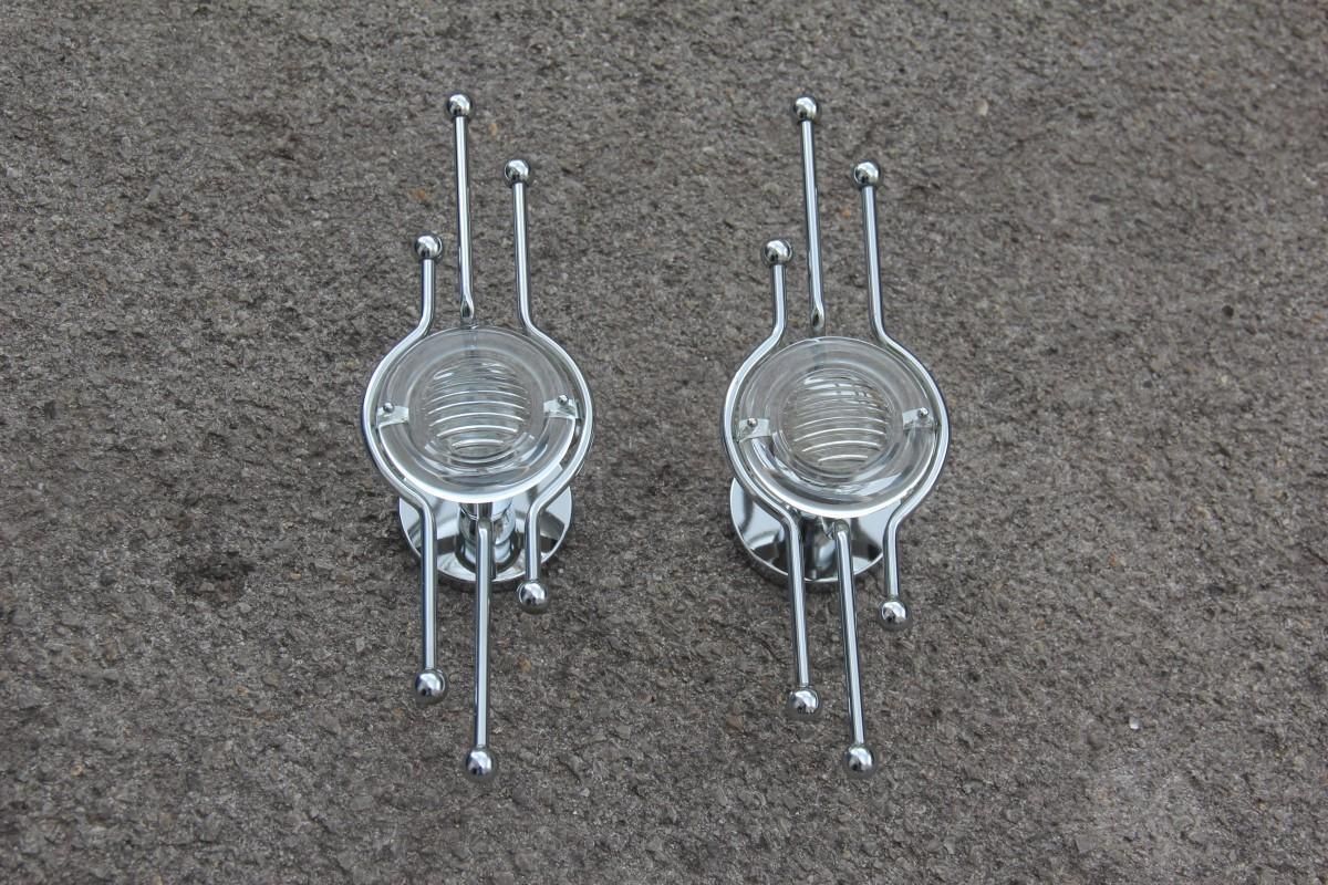 Pair Of Steel Italian Sconces Sculptural Form Glass Lens 1970 Stilkronen photo vintage