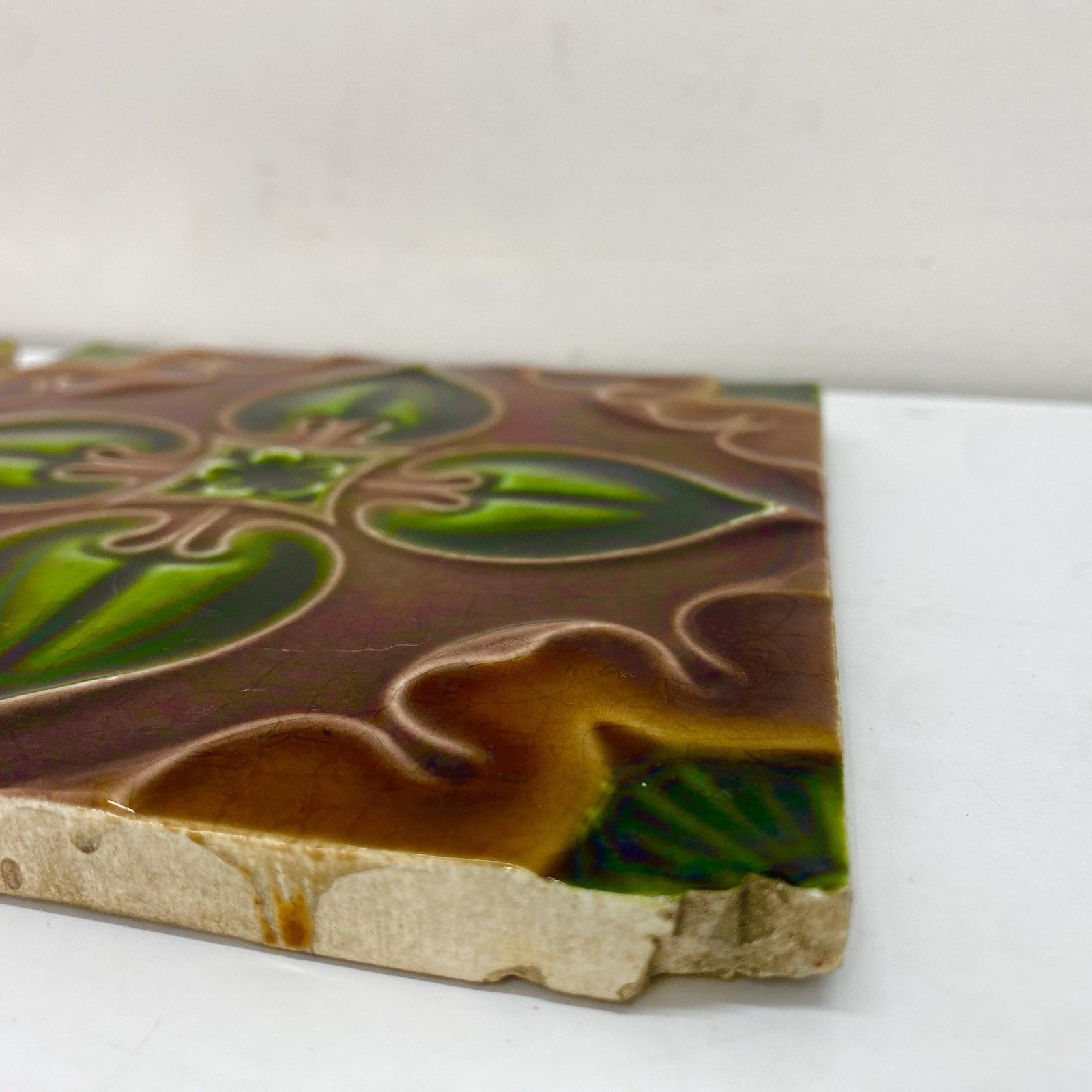 Antique Art Nouveau Majolica Tiles C1900 Green Brown Floral 15cm Made In England photo Home Fixtures