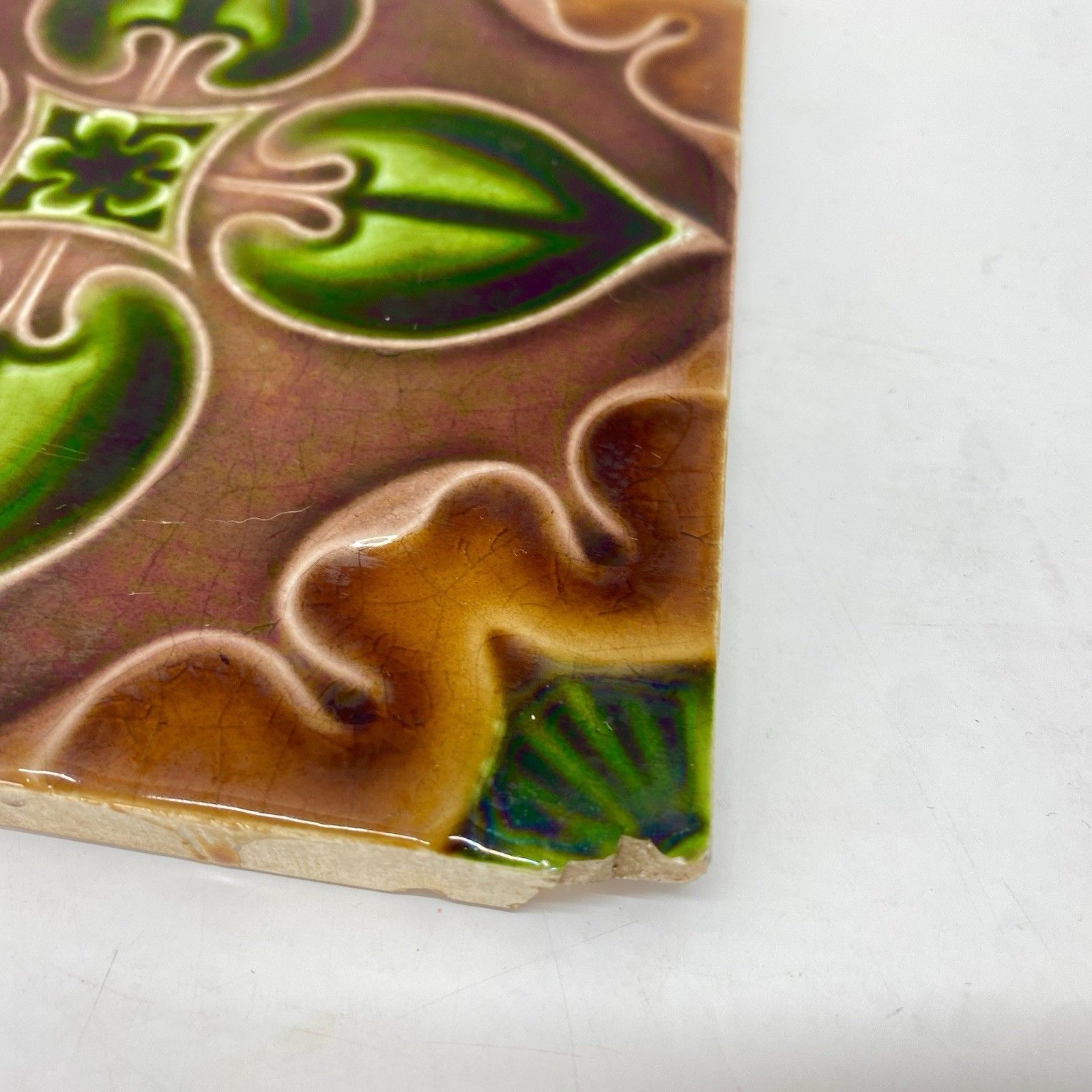 Antique Art Nouveau Majolica Tiles C1900 Green Brown Floral 15cm Made In England photo 99.0