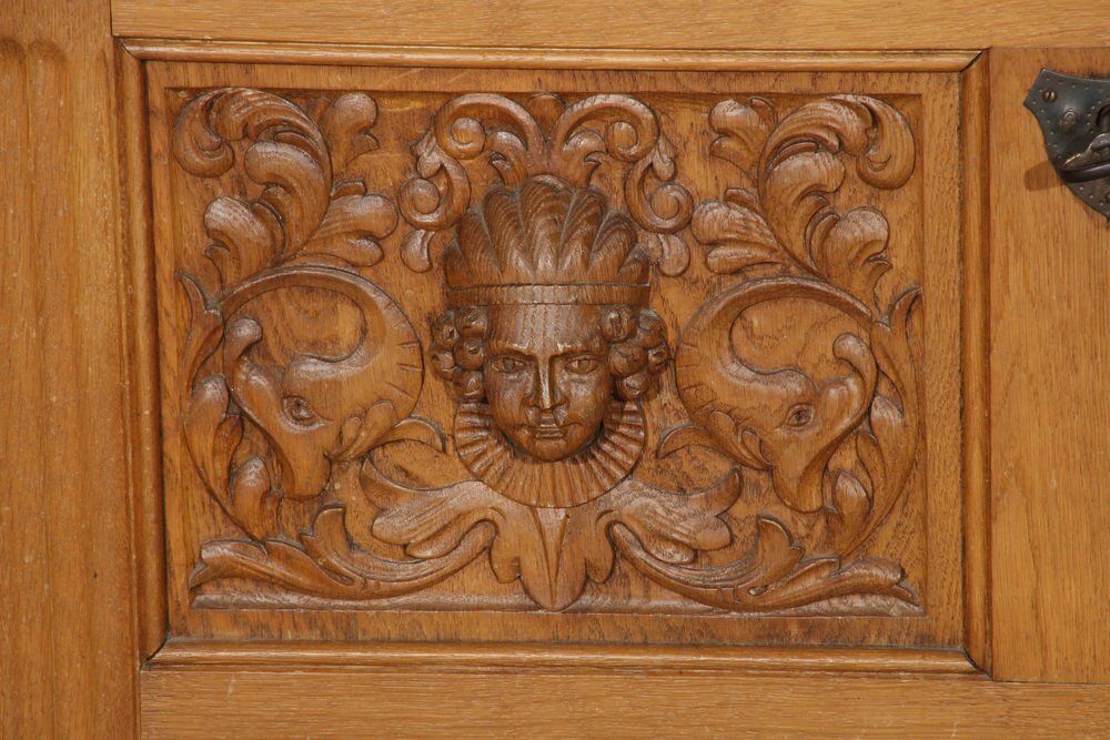 Renaissance Style Chest In Oak, 1940s photo vinterior