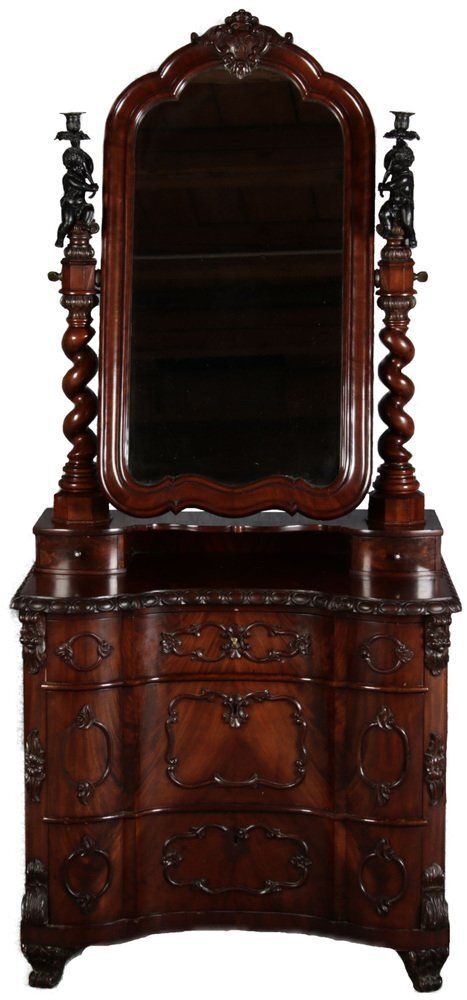 Narrow Chest Of Drawers In Mahogany With Cast Iron Candlesticks And Mirror, 1860s