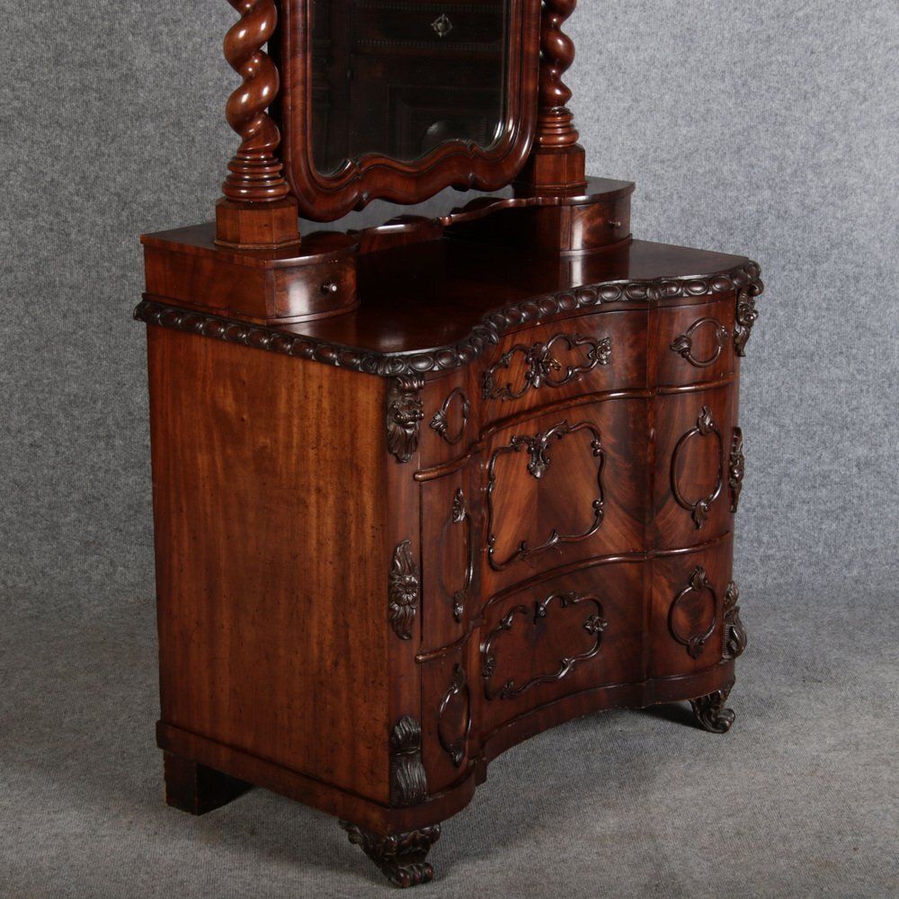 Furniture Narrow Chest Of Drawers In Mahogany With Cast Iron Candlesticks And Mirror, 1860s photo