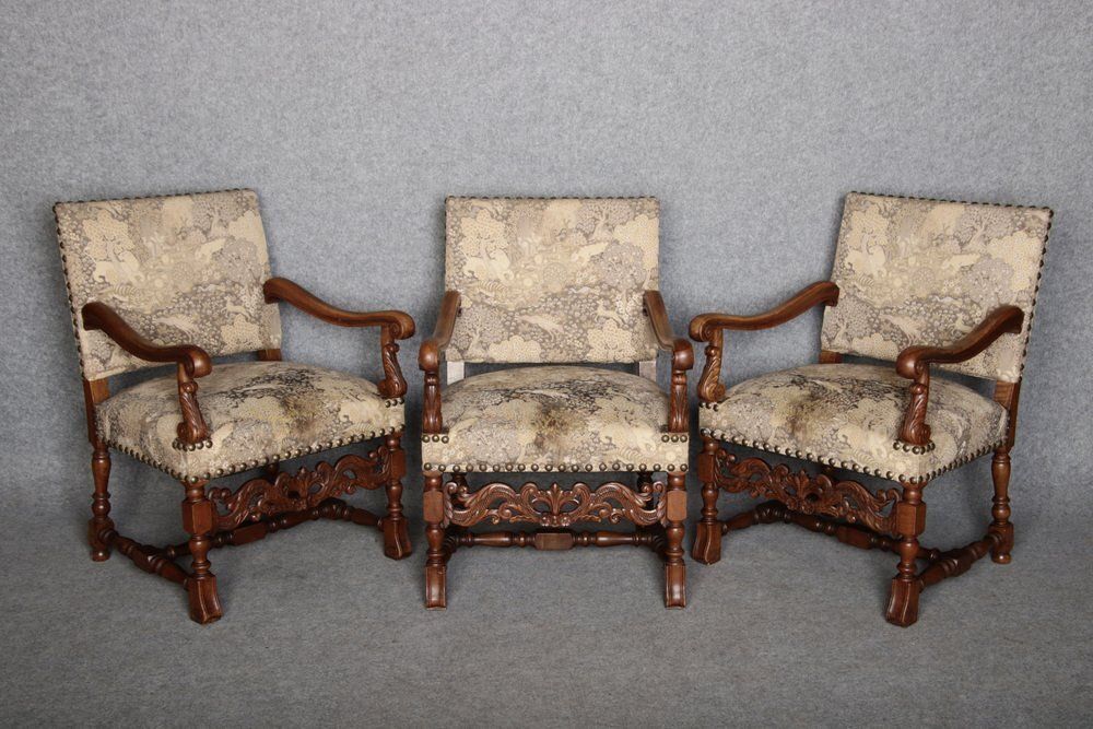 Antique Baroque Armchairs In Walnut, 1800, Set Of 3 photo vintage