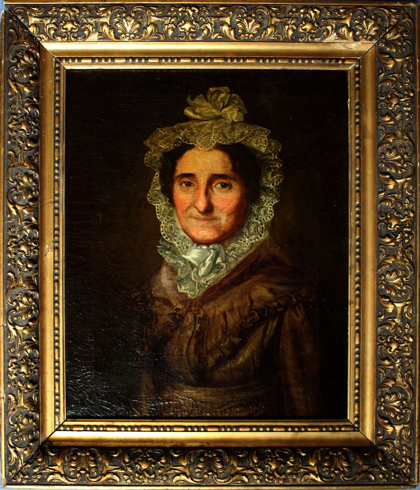 Biedermeier Portrait Of An Elderly Lady With Lace Hood Around 1800 photo vintage