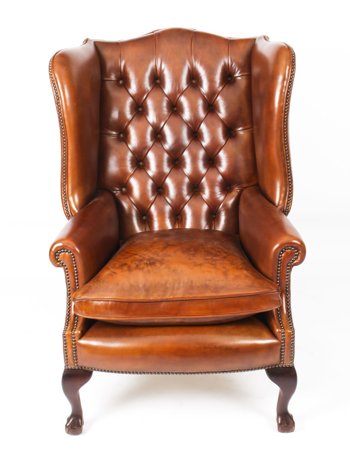 Bespoke Leather Chippendale Wing Back Chair Armchair Burnt Amber photo for sale