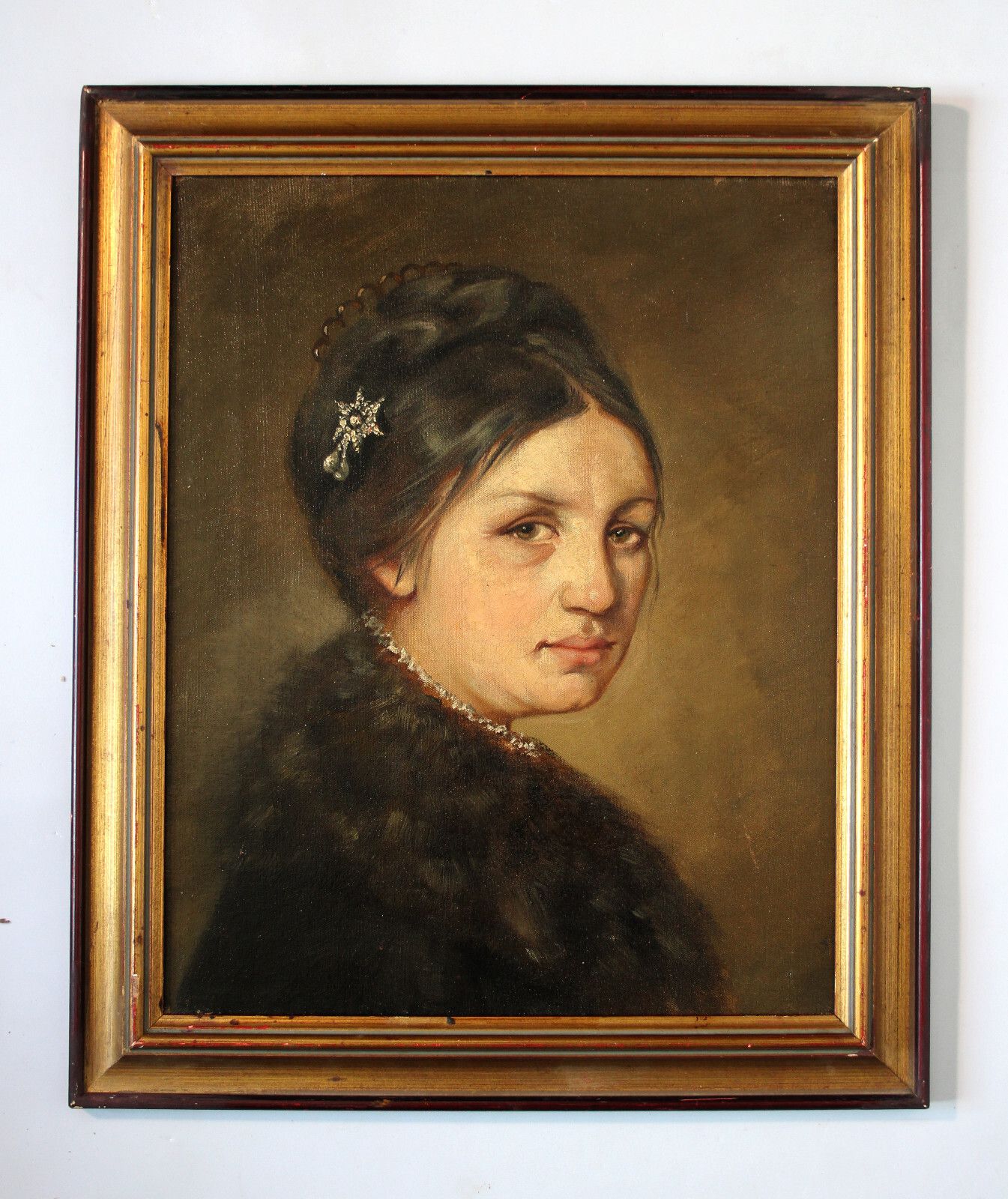 Biedermeier Portrait Of A Young Beautiful Lady With Fur Collar 19th Century