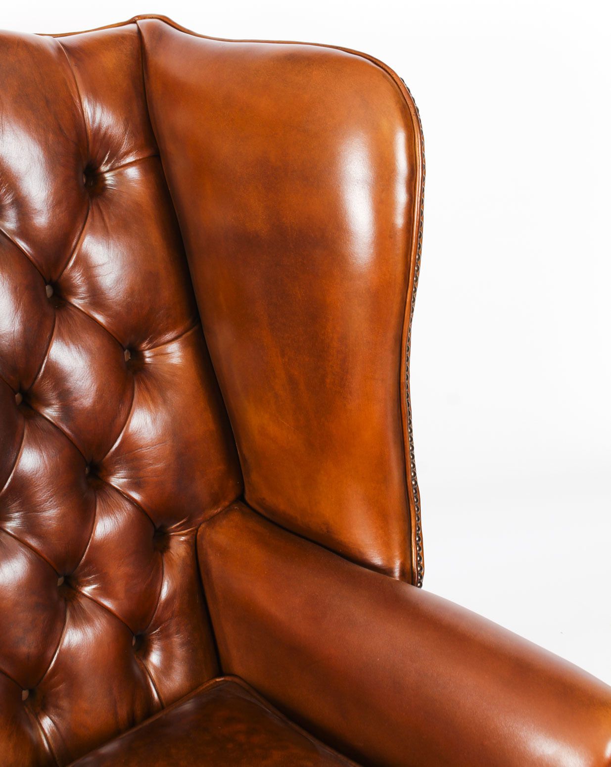 Bespoke Leather Chippendale Wing Back Chair Armchair Burnt Amber photo vinterior