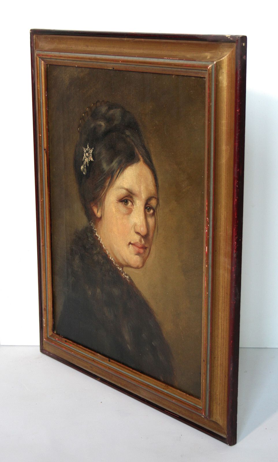 Biedermeier Portrait Of A Young Beautiful Lady With Fur Collar 19th Century photo vinterior