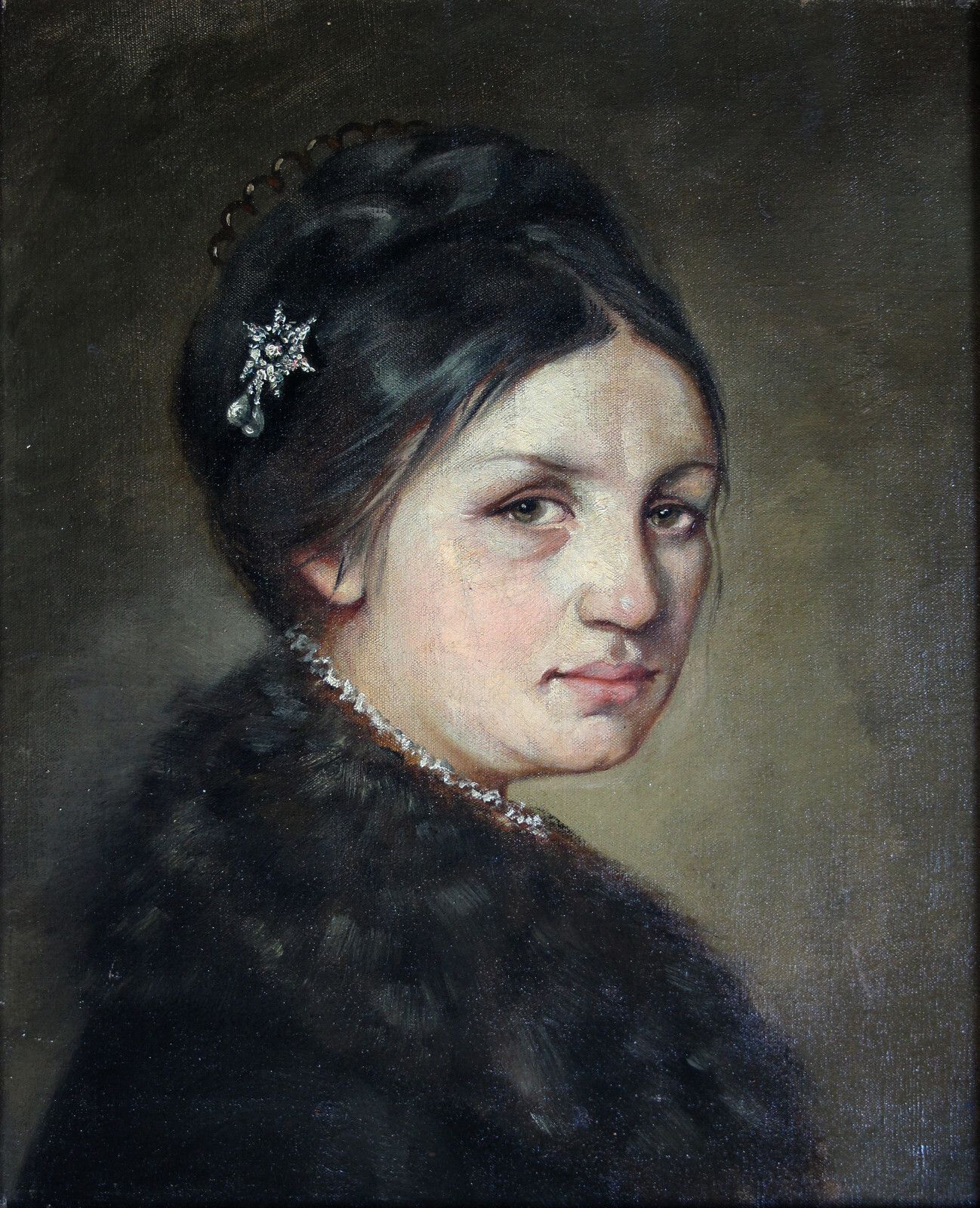 Biedermeier Portrait Of A Young Beautiful Lady With Fur Collar 19th Century photo vintage