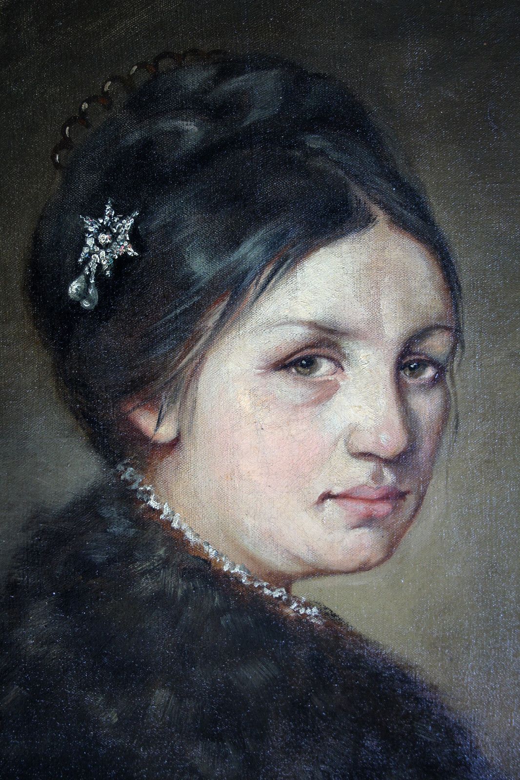 photo for sale Biedermeier Portrait Of A Young Beautiful Lady With Fur Collar 19th Century