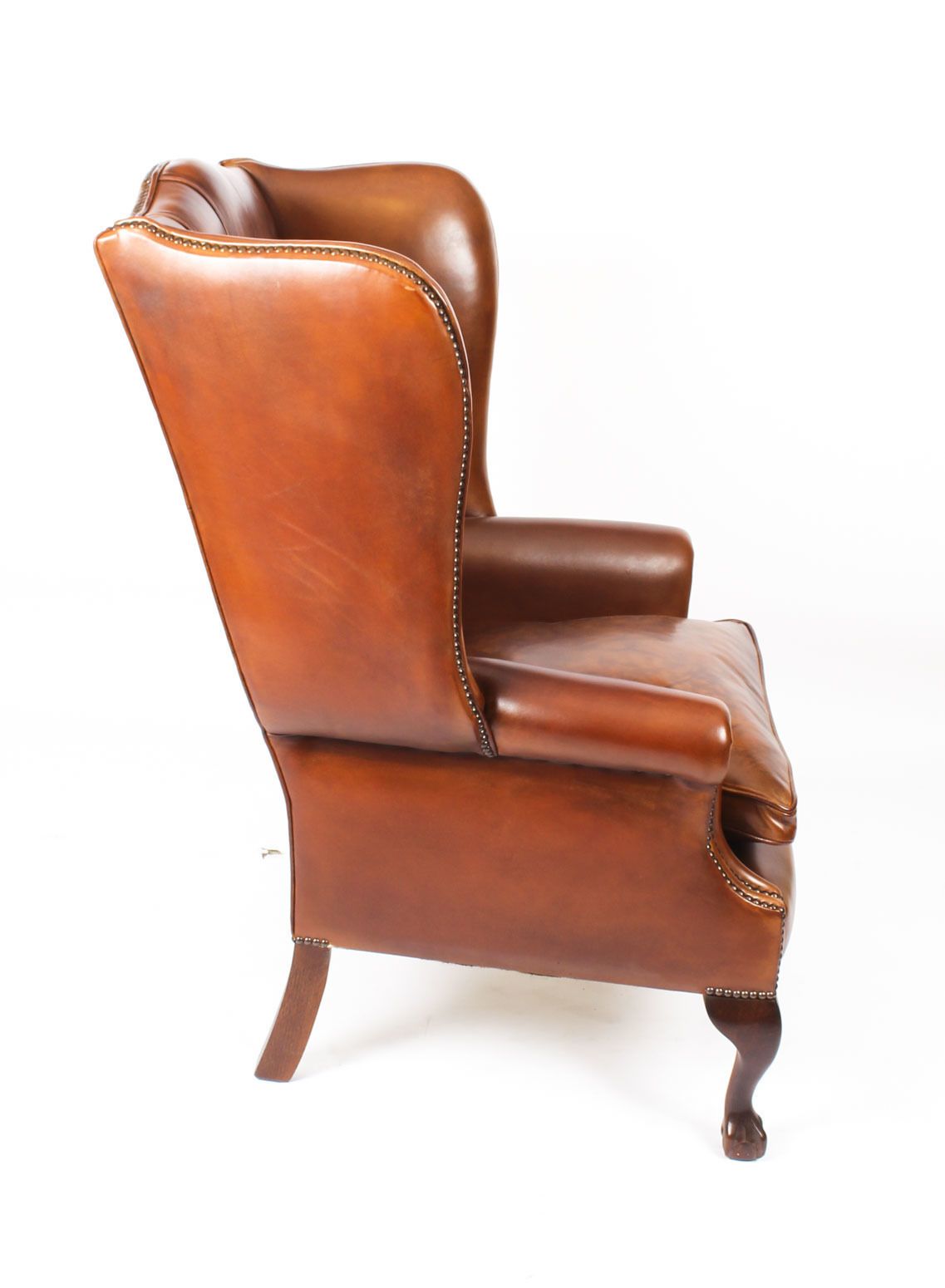 Bespoke Leather Chippendale Wing Back Chair Armchair Burnt Amber photo vintage