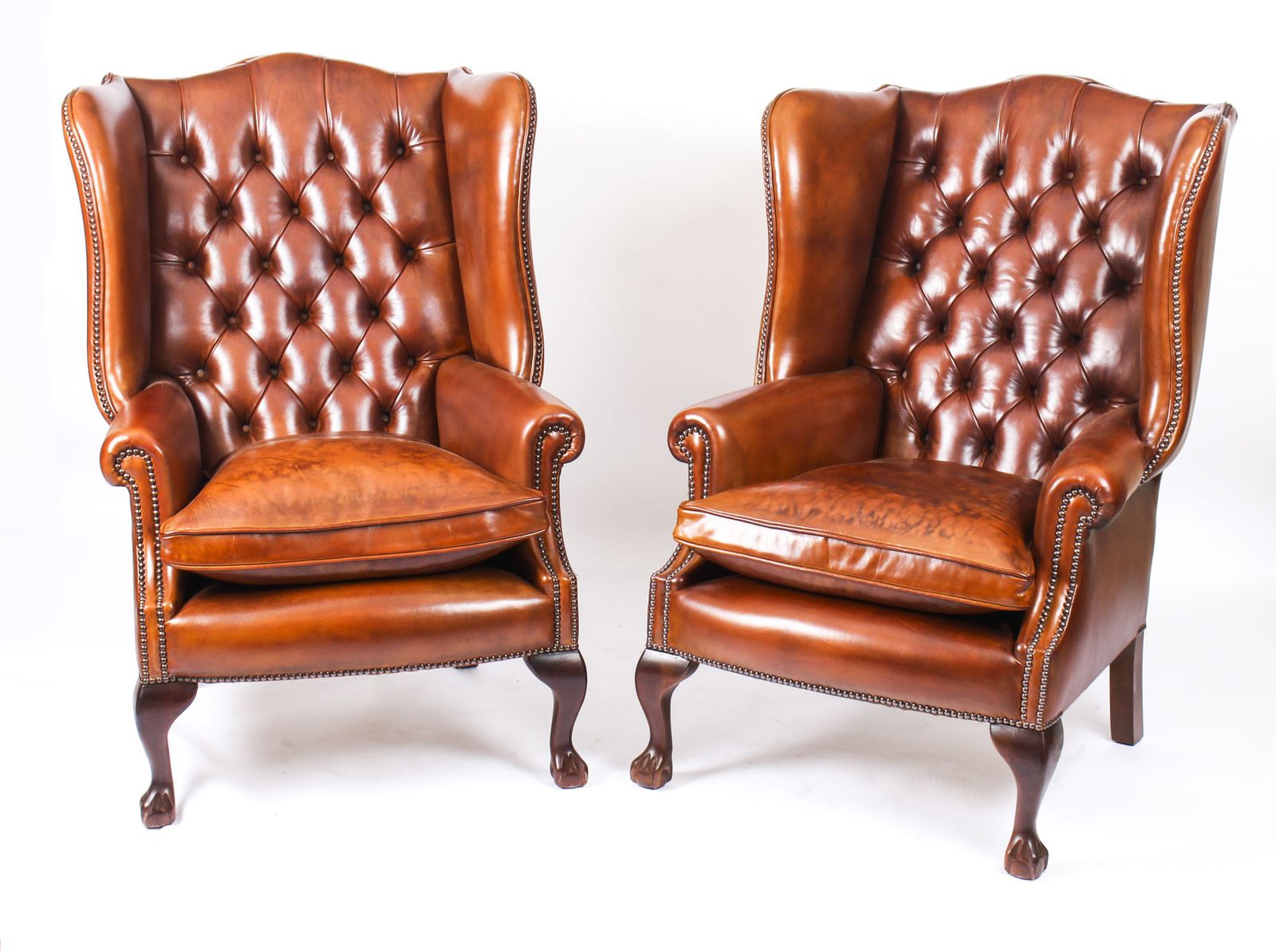 photo for sale Bespoke Leather Chippendale Wing Back Chair Armchair Burnt Amber