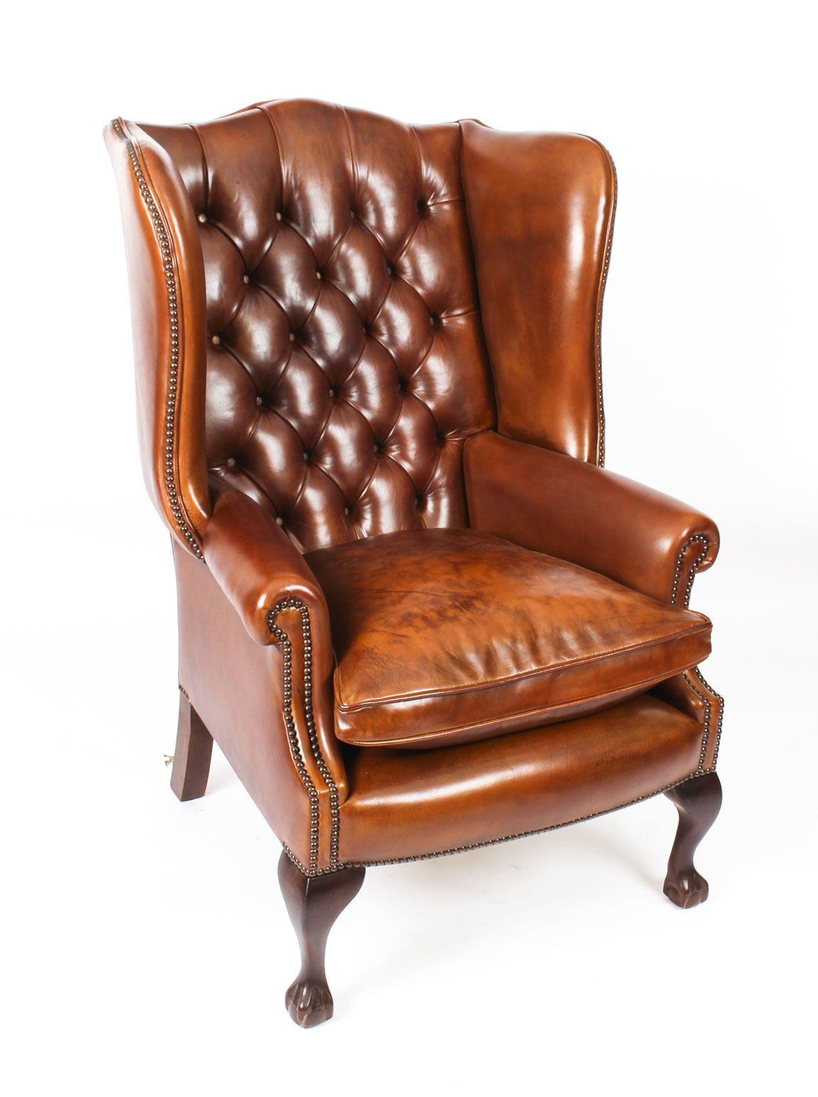 2250.0 Bespoke Leather Chippendale Wing Back Chair Armchair Burnt Amber photo