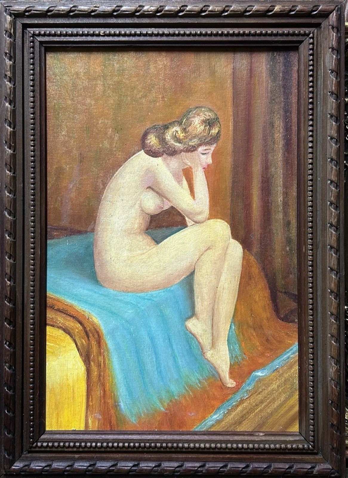 Nude Female Portrait, Original Antique Oil Painting On Hardboard, Framed