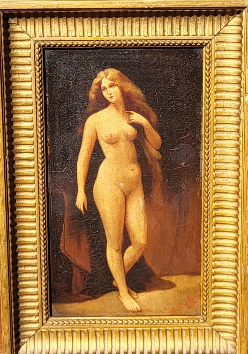Female Nude. Oil Painting On Wood Panel Signed Style Xlxth Century